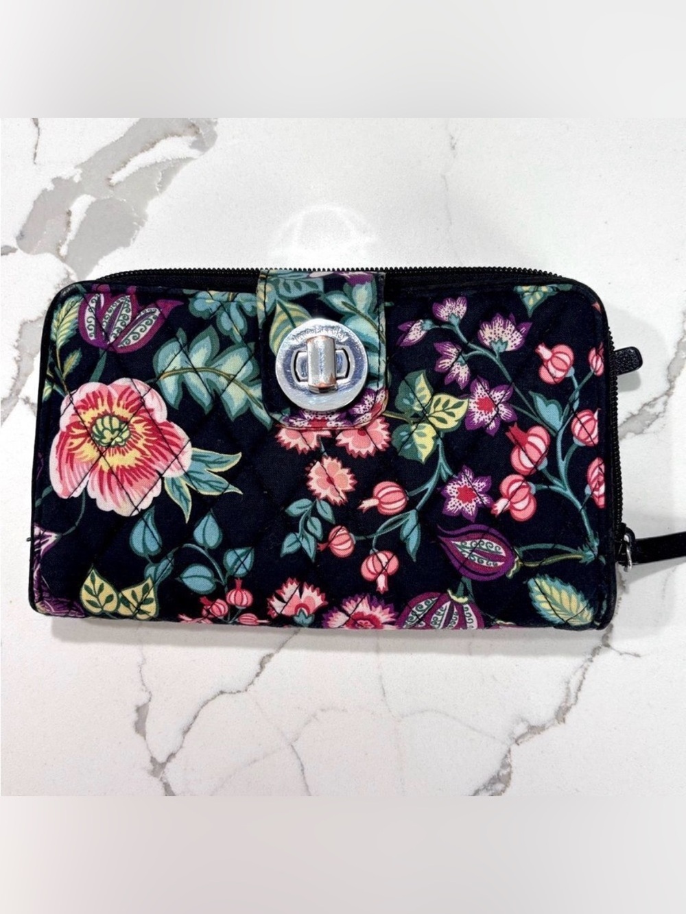 Vera Bradley | Victorian Vines RFID Turnlock Wallet Womens Floral Black …